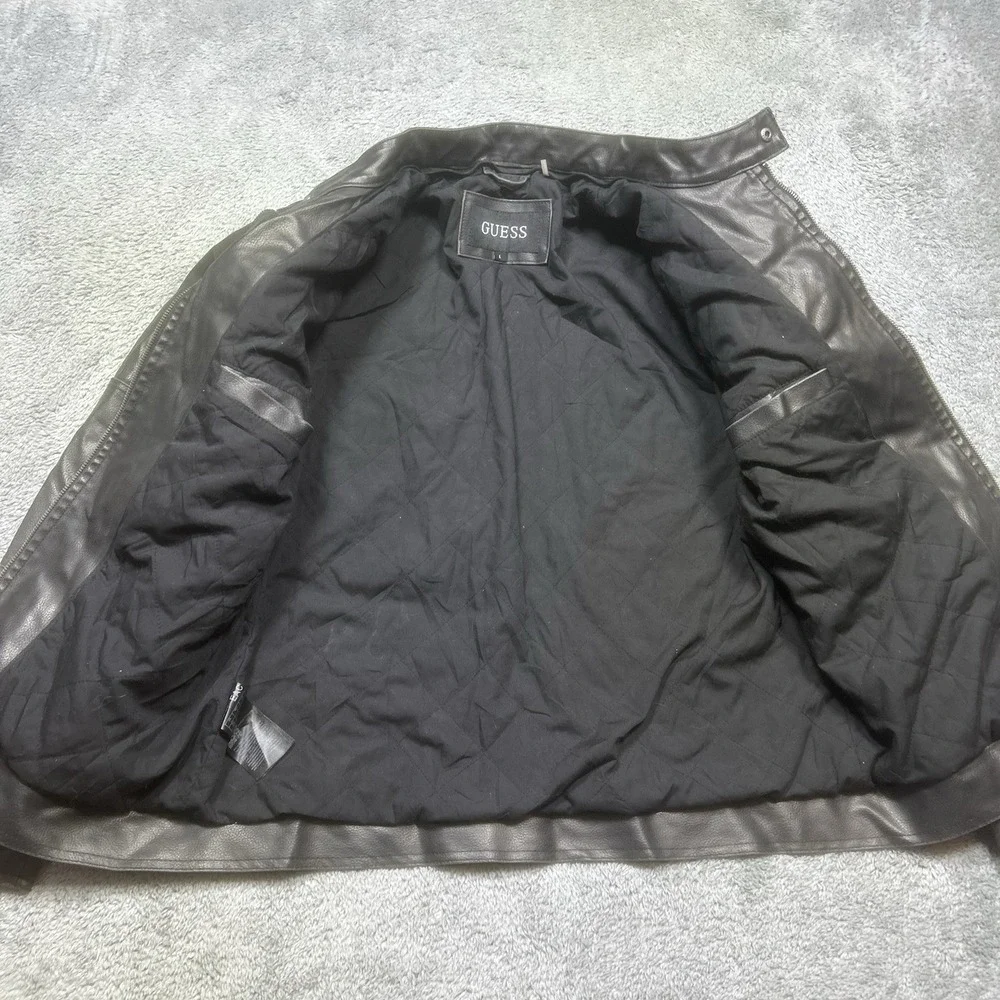 GUESS  Faux-Leather Jacket Men's L Black Moto Racer Coat Biker‎ Full Zip
